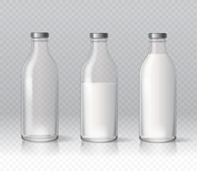 Transparent Glass Milk Bottles. Dairy Products. Empty And Full Vector Set