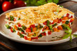 Close up view of colorful fresh vegetable lasagna