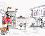Series of backgrounds decorated with flowers, old town views and street cafes. Hand drawn Vector Illustration.
