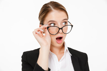 Wall Mural - Close up picture of shocked blonde business woman in eyeglasses