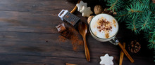 Cup Of Hot Coffee Latte, Cinnamon, Cookies And Fir Branches.