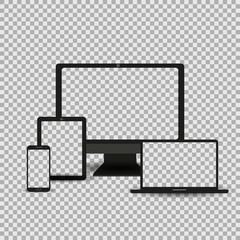 Realistic Computer Monitor, Laptop, Tablets and Smartphone with transparent Screen Isolated. Can Use for Template Presentation or Banner for your web design