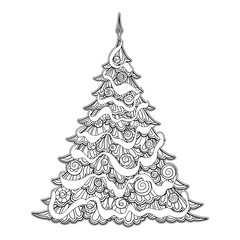 Christmas tree. Contour drawing. Good for coloring page for the adult coloring book. 