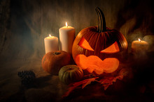 Halloween Pumpkin Head With Burning Candles