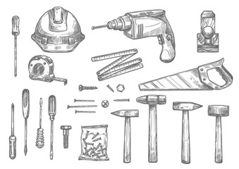 Wall Mural - Vector sketch icons of repair work tools