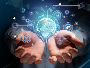 Poster - international business network connection displayed on a futuristic interface with technology icon a