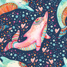 Watercolor Lovely Dolphins Seamless Pattern On Background With Bubbles.