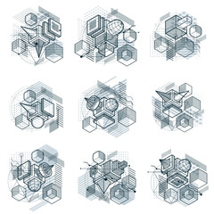 Poster - Abstract backgrounds with isometric lines, vector illustrations. Templates made with cubes, hexagons, squares, rectangles and different abstract elements. Vector set.