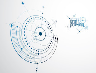 Poster - Technical plan, abstract engineering draft for use in graphic and web design. Vector drawing of industrial system created with lines and circles.
