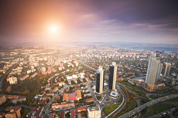 Wall Mural - Aerial view of the Istanbul city downtown with skyscrapers at sunset