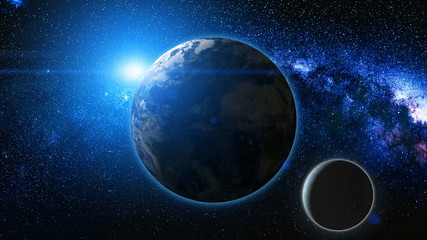 Wall Mural - sunrise view from space on planet earth and moon. milky way with thousand stars in the background. h