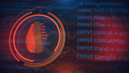 Poster - Technology background. Fingerprint access button. Cyber security and information technology. Blue, orange, yellow background with digital integrated network technology. Printed circuit board.