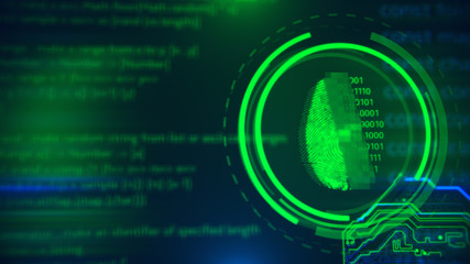 Poster - Technology background. Fingerprint access button. Cyber security and information technology. Blue, green background with digital integrated network technology. Printed circuit board.