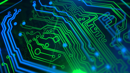 Poster - Blue, green neon background with digital integrated network technology. Printed circuit board. Technology background. 3D illustration. Circuit board futuristic server code processing. PCB, Code, HTML.