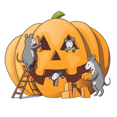 Cute mice characters prepare for Halloween. Sly gray mouse, rat. pumpkin.Isolated on white background. Vector illustration