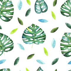 Wall Mural - Watercolor tropical seamless pattern. Pattern with tropical leaves and branches. Perfect for design wedding cards,cover,wallpapers,patterns,invitations.