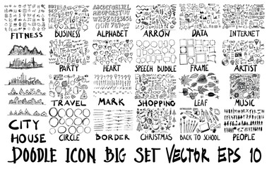 Wall Mural - MEGA set of doodles vector. Super collection of fitness,business,font,arrow,info,city,party,travel,heart,bubble,frame,art,mark,shopping,leaf,border,christmas,school,human,music,internet eps10
