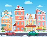 Fototapeta  - Vector Sunny cute cartoon City street at Winter. Cartoon buildings. Christmas background with urban houses and shops. Christmas town illustration.