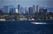 Bellevue Skyline From Lake Washington Speedboat Snow Capped Mountains