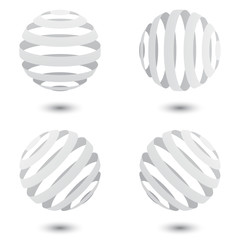 Fototapete - Set of white striped globe illustrations with shadow isolated on white background. Modern style geometric logotype.