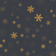 Orange Snowflakes Seamless Pattern On Grey Christmas Background. Chaotic Scattered Orange Snowflakes. Bewitching Christmas Creative Pattern. Vector Illustration.