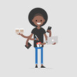 Intern, conceptual illustration. Multitasking millennial concept. Young black girl with six hands doing a lot of tasks at the same time  / flat editable vector illustration