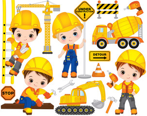 Vector Construction Set with Little Builders, Transport and Tools