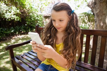 Wall Mural - Girl using cellphone while sitting on wooden bench