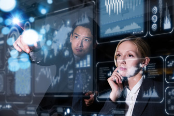Poster - Two business persons in front of futuristic display. Graphical User Interface(GUI). Head up Display(HUD). Internet of things.