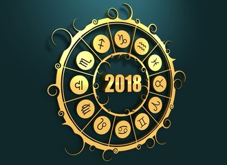 Wall Mural - Astrological symbols in the circle. Golden emblem. Metallic material. New Year 2018 numbers. 3d rendering
