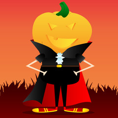 Happy smiling Jack O' Lantern with orange pumpkin instead of a head. Vector Halloween Cartoon Character.