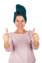 Wall Mural - Smiling woman after bath - thumbs up