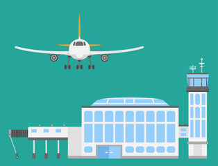 Wall Mural - Plane airport transport symbols flat design illustration station concept air port symbols departure luggage plane business vector