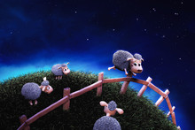 3d Render Illustration Of A Cute Sheep Jumping Over A Fence At Night