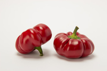 Two beautiful red sweet peppers on a white background