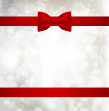 Light Christmas Background With Red Holiday Ribbon And Snowflakes