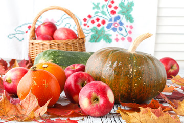 Sticker - autumn nature concept. fall fruit and vegetables on wood. thanksgiving dinner