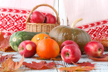 Sticker - autumn decoration arranged with dry leaves, pumpkins and more