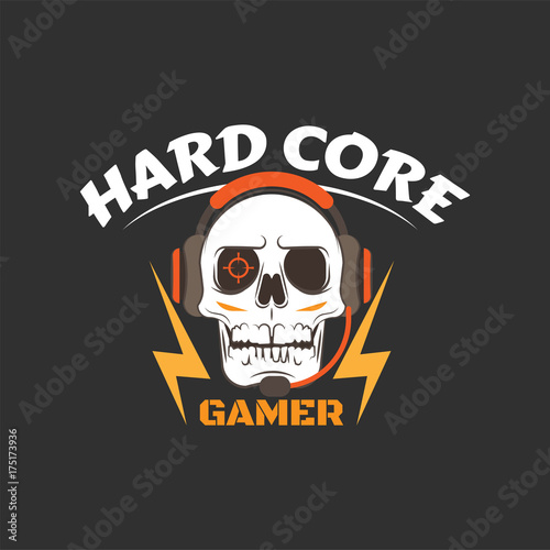 Fotografia, Obraz Hard core gamer logo with white skull, earphones, microphone, lightning and aiming in eye