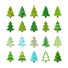 Cartoon Abstract Christmas Trees With Gifts And Balls Vector Set