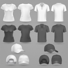 Male And Female Black White T-shirt And Baseball Cap Vector 3d Mockup Isolated