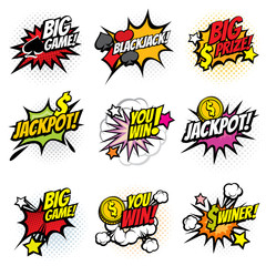 Sticker - Vector winning game bubble stickers in retro pop art comic style