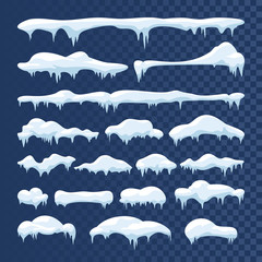 Poster - snow and ice vector frames. winter cartoon snow caps, snowdrifts and icicles