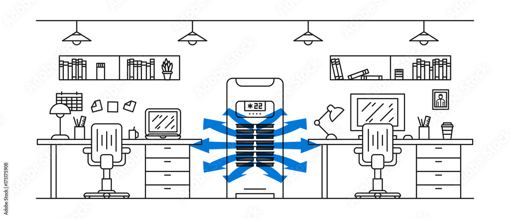 Office floor air conditioner vector illustration. Open space office ...