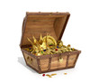 Open a wooden trunk with treasures on a white background. 3D illustration
