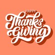 Happy thanksgiving brush hand lettering with 3d shadow, on retro red white background. Calligraphy vector illustration. Can be used for holiday type design.
