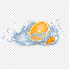 Half Orange Fruit in Clean Water Drops Vector