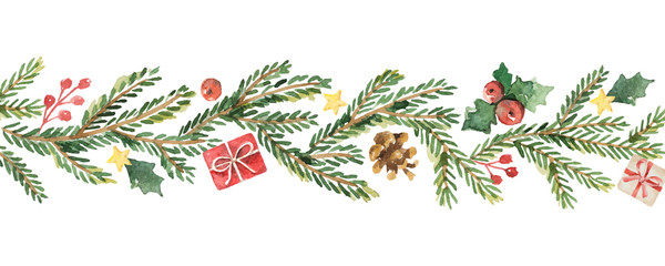 Watercolor vector Christmas banner with fir branches and place for text.