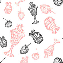 Strawberry Desserts Seamless Pattern.Hand Drawn Doodle Illustration.Isolated On White