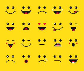 Set of emoticons or emoji illustration line icons. Smile icons line art isolated vector illustration on yellow background. Concept for World Smile Day smiling card or banner